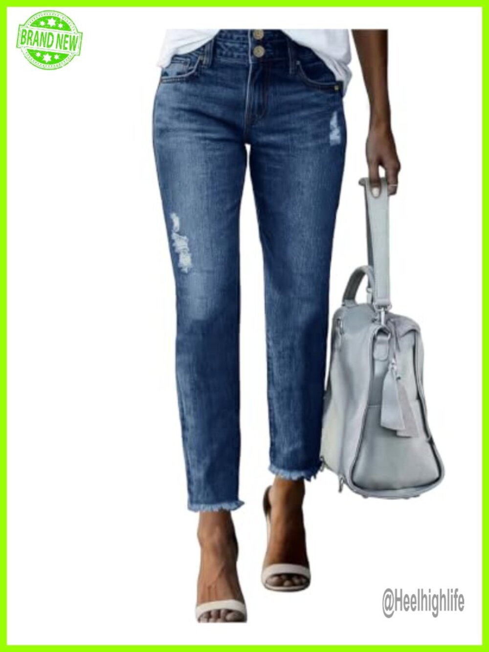High Waisted Raw Hem Straight Leg Ankle Denim Jeans Stretch Casual
